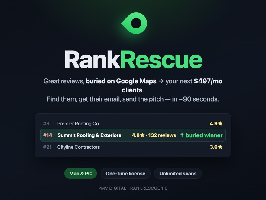 RankRescue app — highly rated local businesses buried below the top of Google Maps