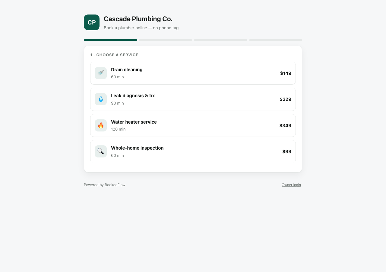 BookedFlow booking system — choose a service and a time